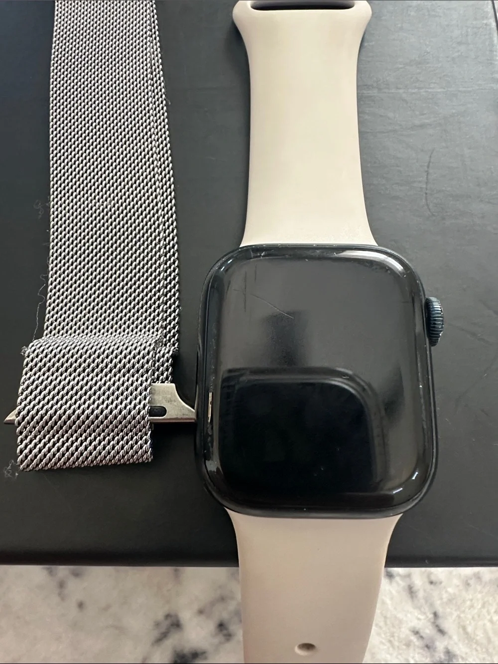 Apple Watch 8 Gen smartwatch with Cream Color Sport Band & Silver Milanese Loop
